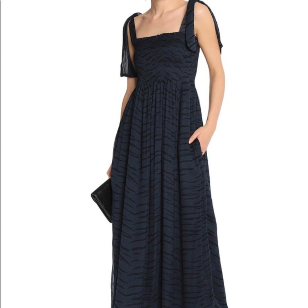 Ganni Navy Blue Zebra Print Chiffon Maxi Dress